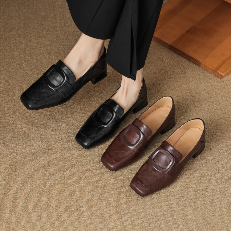 2026 Spring and Autumn Square Toe Square Buckle Loafers for Women, Retro Brown Versatile Chunky Heel Single Shoes, First Layer Cowhide Fashion Women's Shoes