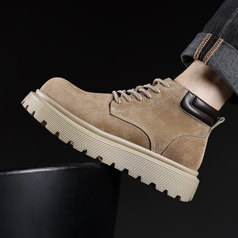 Giày bốt Martin nam da lộn đế dày tăng chiều cao, bốt cổ trung đi phượt — 76928 kaki