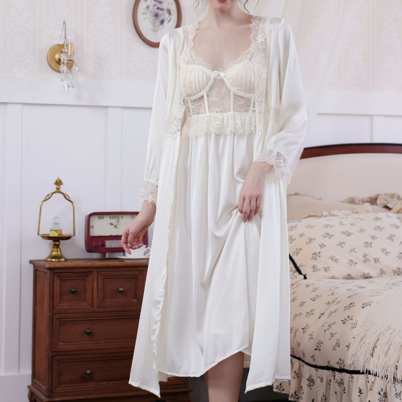봄과 여름 나이트드레스, 가운, 프랑스 스타일, 섹시, 순수한 욕망, 서스펜더 파자마, 투피스 세트, 레이스, 피쉬본, 중간 길이, 가슴 패드가 있는 여성