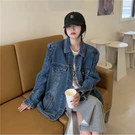 复古炸街阔版垫肩直角肩中长款牛仔外套女ins潮