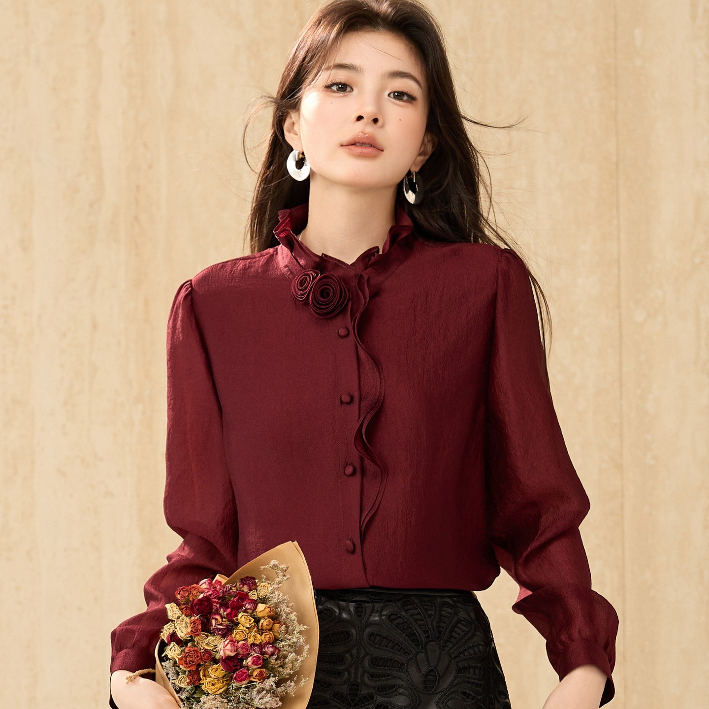 2026 Autumn New Style Stand Collar Ruffled Floral Blouse Women's Long Sleeve Elegant Top 3017