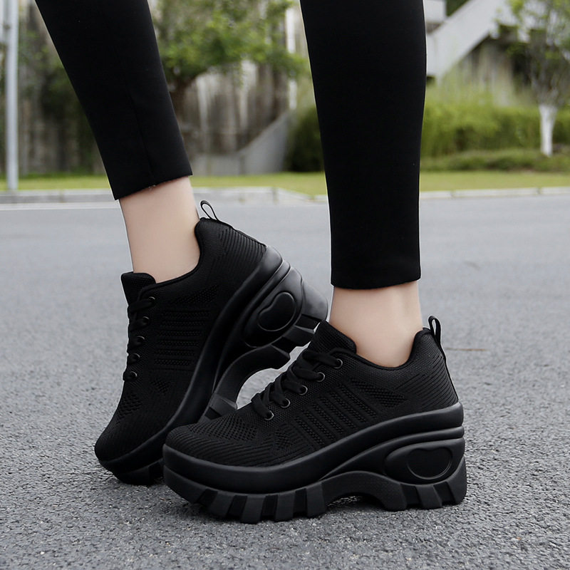 Giày sneaker nữ lưới thoáng khí đế dày tăng chiều cao, gót 3-5 cm — 1695 Màu đen, 1695 màu xám