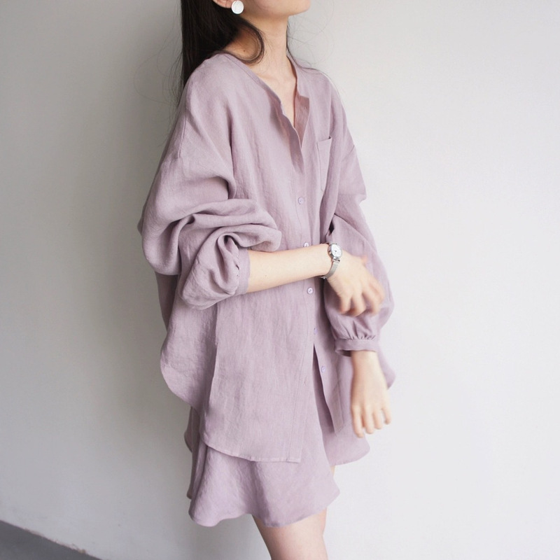 JOJO Grey Tone Purple Linen Long-sleeved Shirt Half-length Skirt Pants 2-piece Set Relaxed Natural Gentle High-grade JOJO Grey Tone Purple Linen Long-sleeved Shirt Half-length Skirt Pants 2-piece Set Relaxed Natural Gentle High-grade