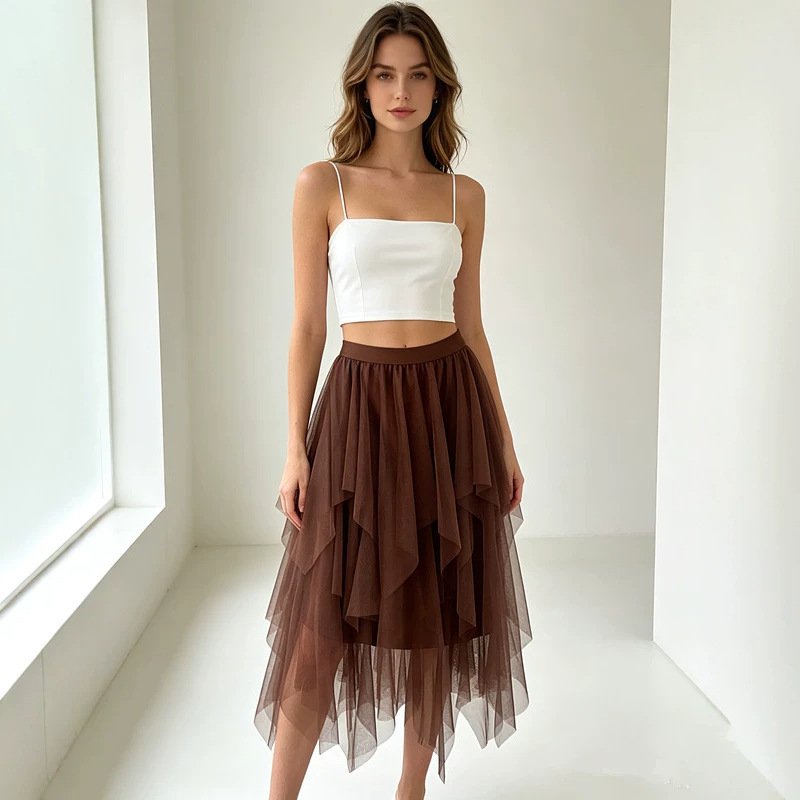 Cross-Border Supply of Petite Mesh Skirts, New Color-Blocked Irregular Mid-Length Puffy Skirts Cross-Border Supply of Petite Mesh Skirts, New Color-Blocked Irregular Mid-Length Puffy Skirts