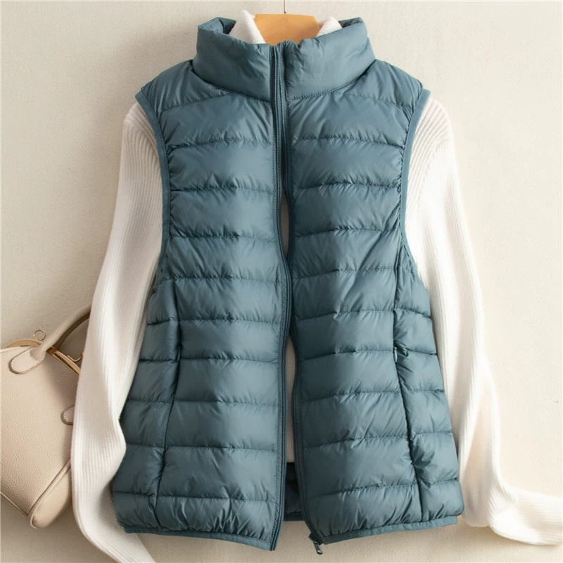 Пуховик-жилет 2023 Весенне-осенний легкий жилет Женская короткая приталенная универсальная однотонная белая куртка на утином пуху