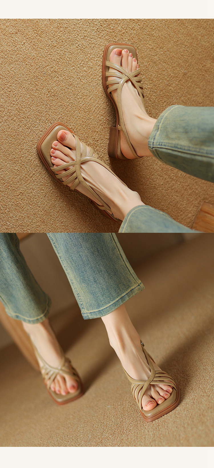 Sandal nữ mũi vuông gót vuông da cừu phong cách La Mã quai mảnh hở ngón — Màu trắng be chi tiết 9