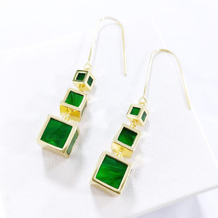 European and American fashion new earrings green retro geometric size three-dimensional square ear hook exaggerated personality female long earrings