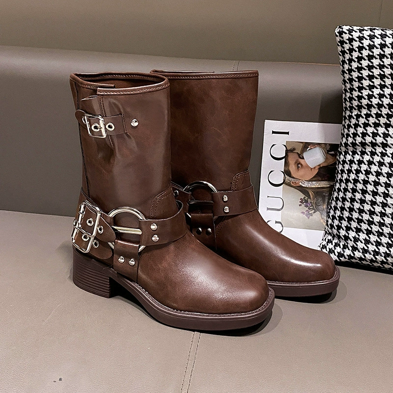 Ботинки Martin на толстой подошве, женские осенние, новые 2023, универсальные ковбойские сапоги в британском стиле в стиле ретро, ковбойские сапоги с пряжкой на поясе