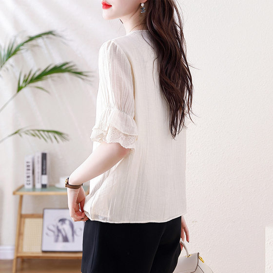2025 Summer New Lace Lace-up Slim Elegant Fashionable Short-sleeved All-match Retro Hong Kong-style Age-reducing Shirt