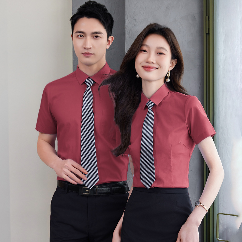 职业衬衫男短袖红色男衬衣工装服务员酒吧商务长袖工作服印绣LOGO