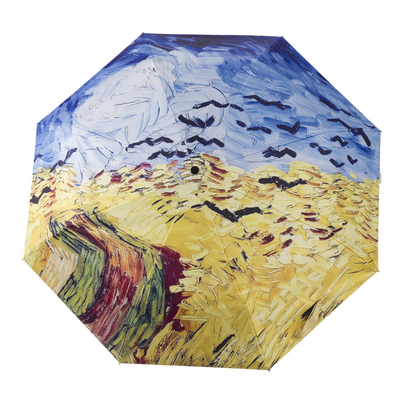 Van Gogh pintura al óleo paraguas pegamento negro Paraguas automático protección solar paraguas plegable paraguas de impresión digital paraguas pequeño paraguas fresco patrón imprimible
