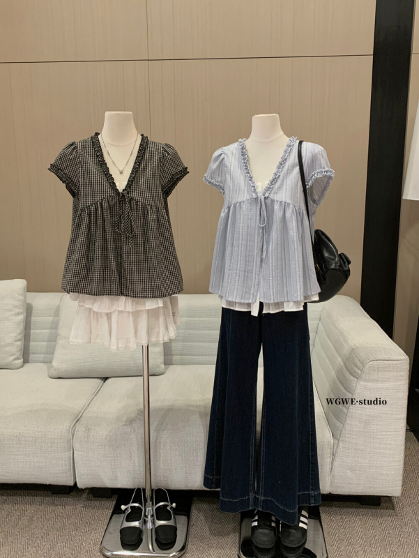 WGWE 夏の女性の韓国デザインレースステッチチェック柄ルーズ痩身偽ツーピース V ネックシャツ W6385|undefined