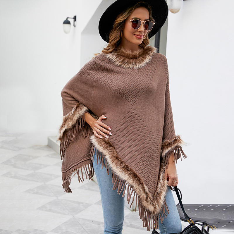Knitted tassel cape women's solid color pullover loose shawl coat_voghion.com
