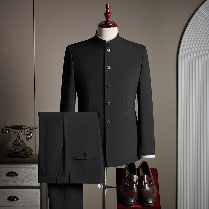 High-End New Chinese-Style Stand-Collar Zhongshan Suit Men's Set, Traditional Chinese Style Groom's Wedding and Engagement Suit, Slim-Fit Suit