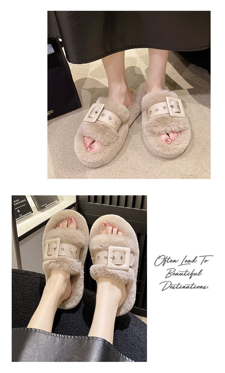 Pelzige Hausschuhe für Damenoberbekleidung, schwangere Frauen, große Hausschuhe mit dicken Sohlen, Gürtelschnalle, Plüsch, Ein-Wort-Baumwollhausschuhe_voghion.com