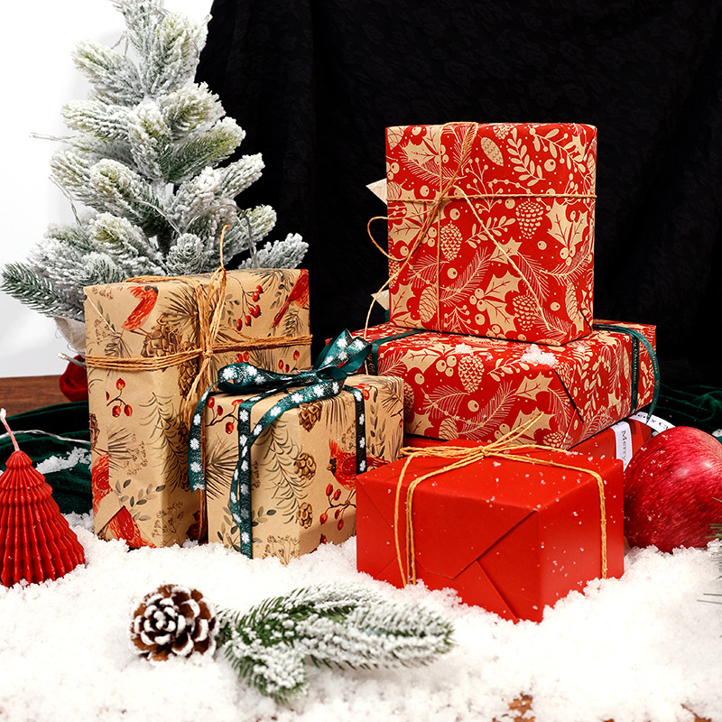 Transfronterizo Amazon gran tamaño de Navidad retro papel de papel kraft papel de embalaje de regalo de pino rojo
