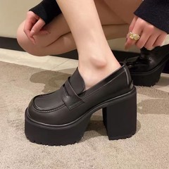 乐福鞋2025年夏季新款百搭厚底粗跟黑色圆头防水台小皮鞋女高跟鞋