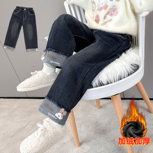 Girls' Velvet Thickened Jeans 2024 Winter New One-piece Velvet Baby Children's Loose Children's Straight Tube