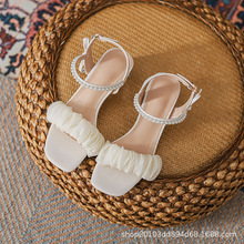仙女风凉鞋女2024年夏季新款粗跟法式蝴蝶结珍珠一字带中高跟女鞋