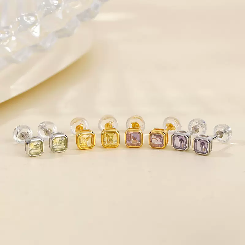 悦宝珠宝天然紫水晶耳饰S925纯银镀金黄水晶切面方形睡觉免摘耳钉