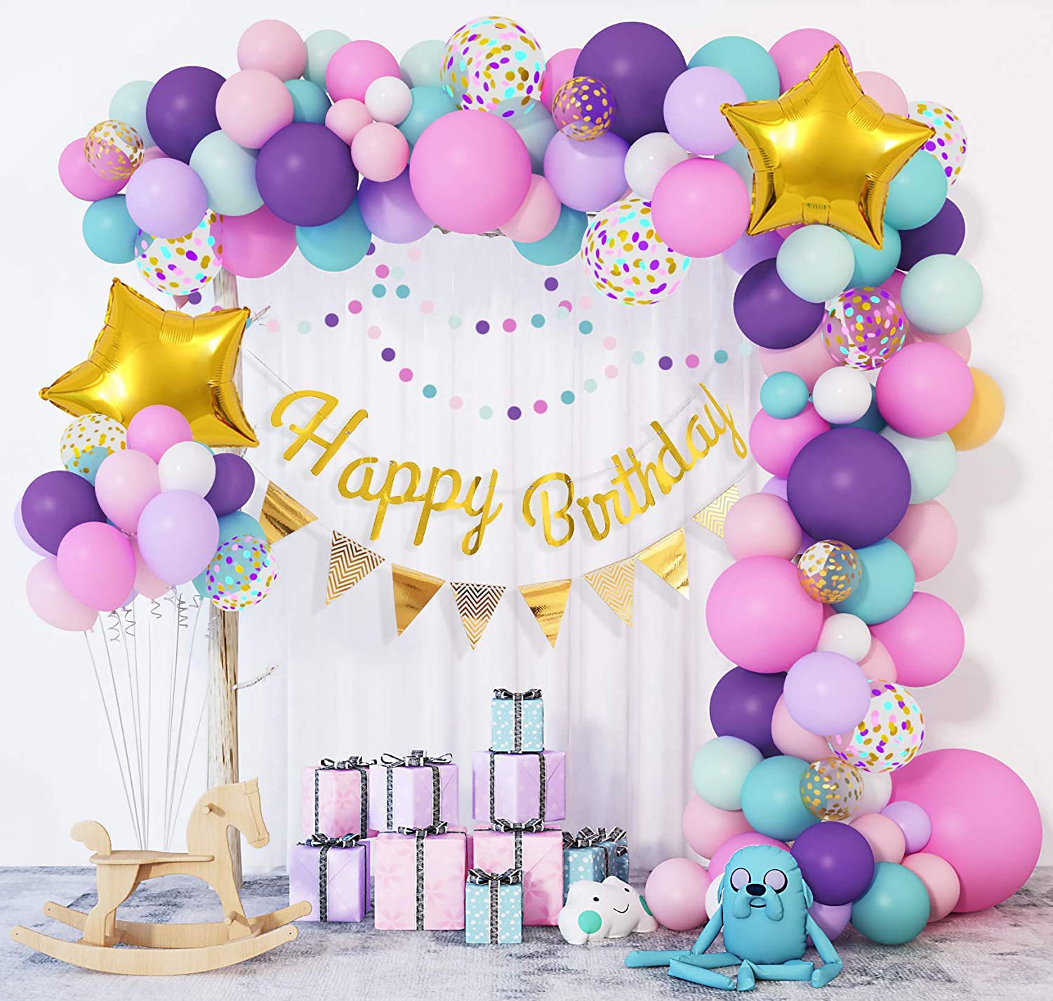 马卡龙彩色生日快乐气球套装婚礼新房派对装饰场景布置气球链拱门