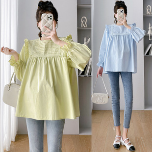 Real shot in stock 2023 pregnant women's autumn new wooden ear loose doll shirt top