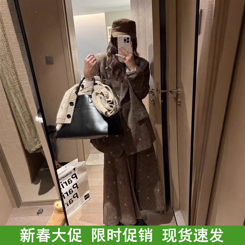 Hangzhou Italian-Style Bowknot Woolen Suit Jacket and Long Skirt Set for Women 2025 Autumn and Winter Loose-Fitting Woolen Top