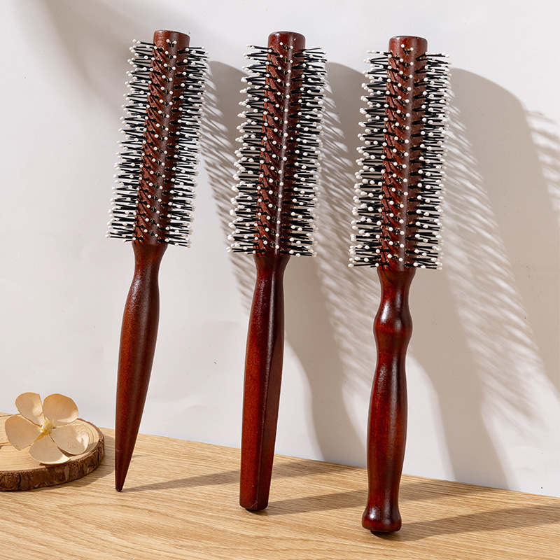 理髪店カーリングツール赤茶色の木製コームシリンダーカーリングコームふわふわヘアスタイルログローリングコーム|undefined