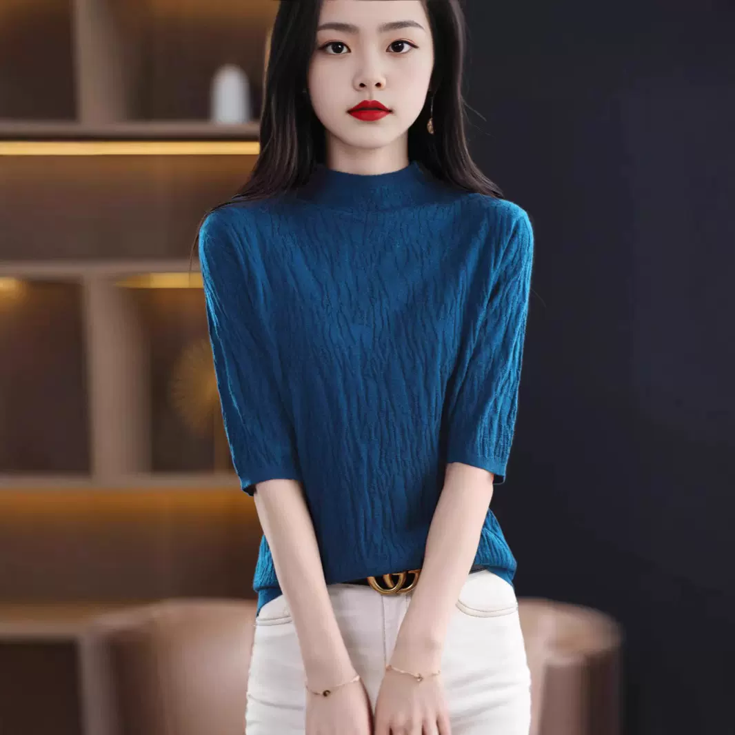 女中袖短款树坑气质士修身新款五分袖打底秋冬纹2025针织衫上衣女