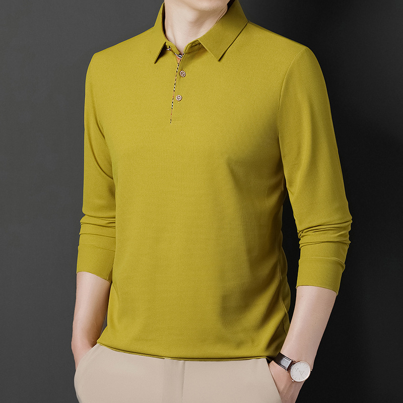 2023 New Autumn Leisure Fashion Business Shirt Long sleeved Middle aged T-shirt with Polo Collar Bottom for Men's Wear_voghion.com