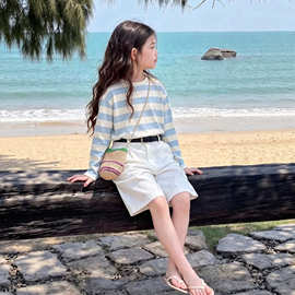 2026 韩系女童休闲套装 条纹长袖罩衫儿童百搭白色阔腿裤套装