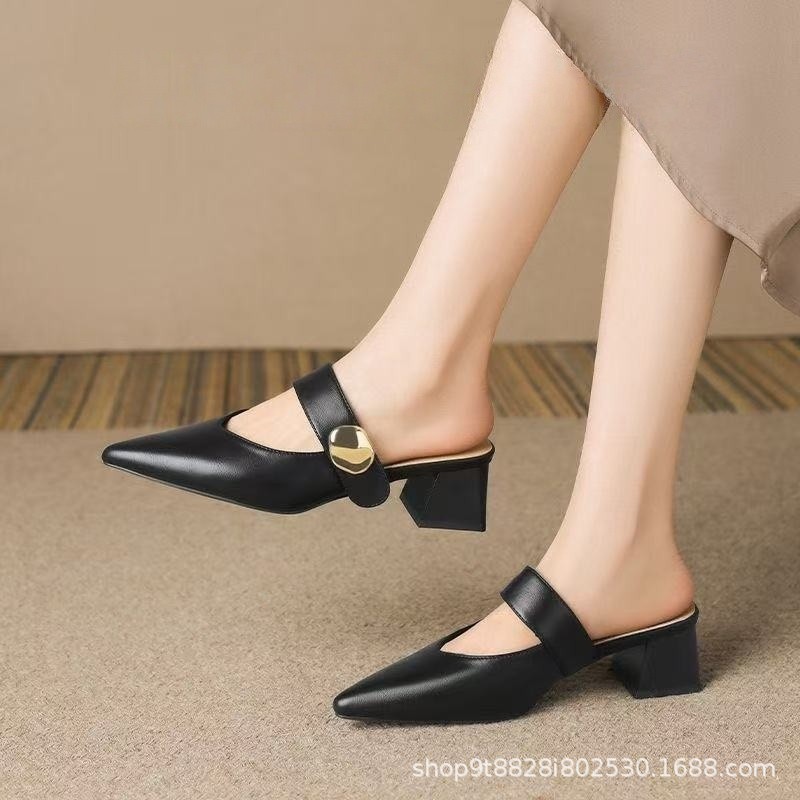 Baotou media zapatillas para mujeres verano 2026 nueva moda coreana tacones afilados gruesos sandalias de temperamento cómodo image 3