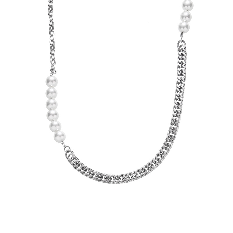 Personalisierte Titanstahl Cubankette Mit Perlenhalskette_voghion.com