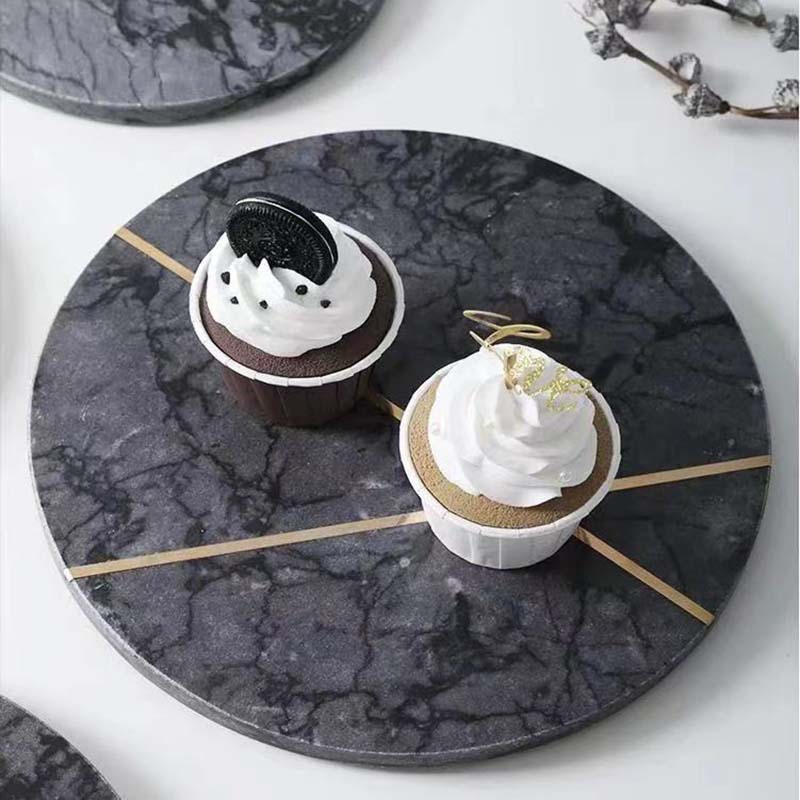 Luz nórdica estilo de lujo ronda de mármol natural con incrustaciones de cobre bandeja de decoración suave bandeja de presentación de cosméticos placa