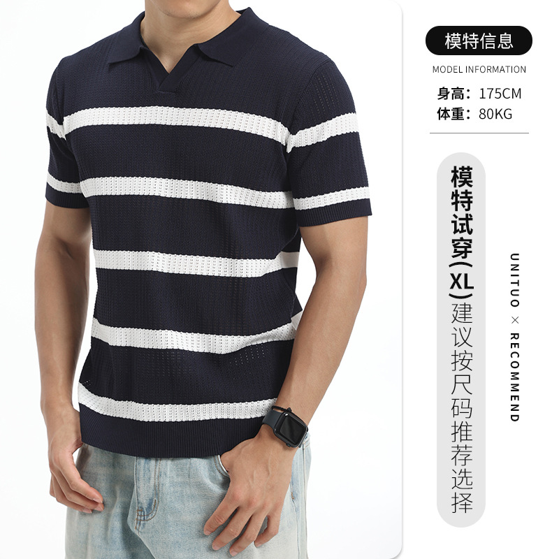 Verano hombre hueco rayas de cuello V jersey polo seda transpirable mangas cortas de negocios casuales superior