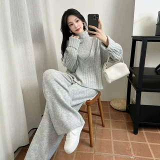 休闲设计感针织套装女V领毛衣背心叠穿时尚气质上衣 阔腿裤三件套