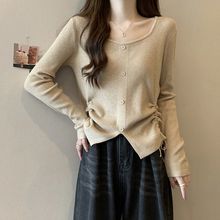不规则短款方领打底衫女春秋大码胖mm显瘦内搭抽绳长袖毛衣针织衫