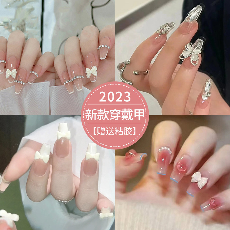 Nude handmade wear nail pearlescent diamond bow manicure long handmade finished Blush Nail Piece Factory straight hair