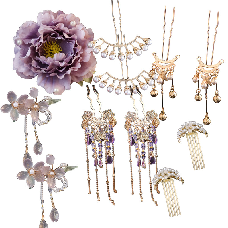 Ancient Costume Tang style Imperial Concubine complete set of hair accessories artificial silk flower hairpin tassel step hairpin cover Temple Han clothing headdress