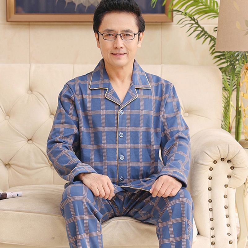 Pajama de mediana edad hombre primavera y otoño manga larga cardigán hombre de mediana edad set de ropa para el hogar