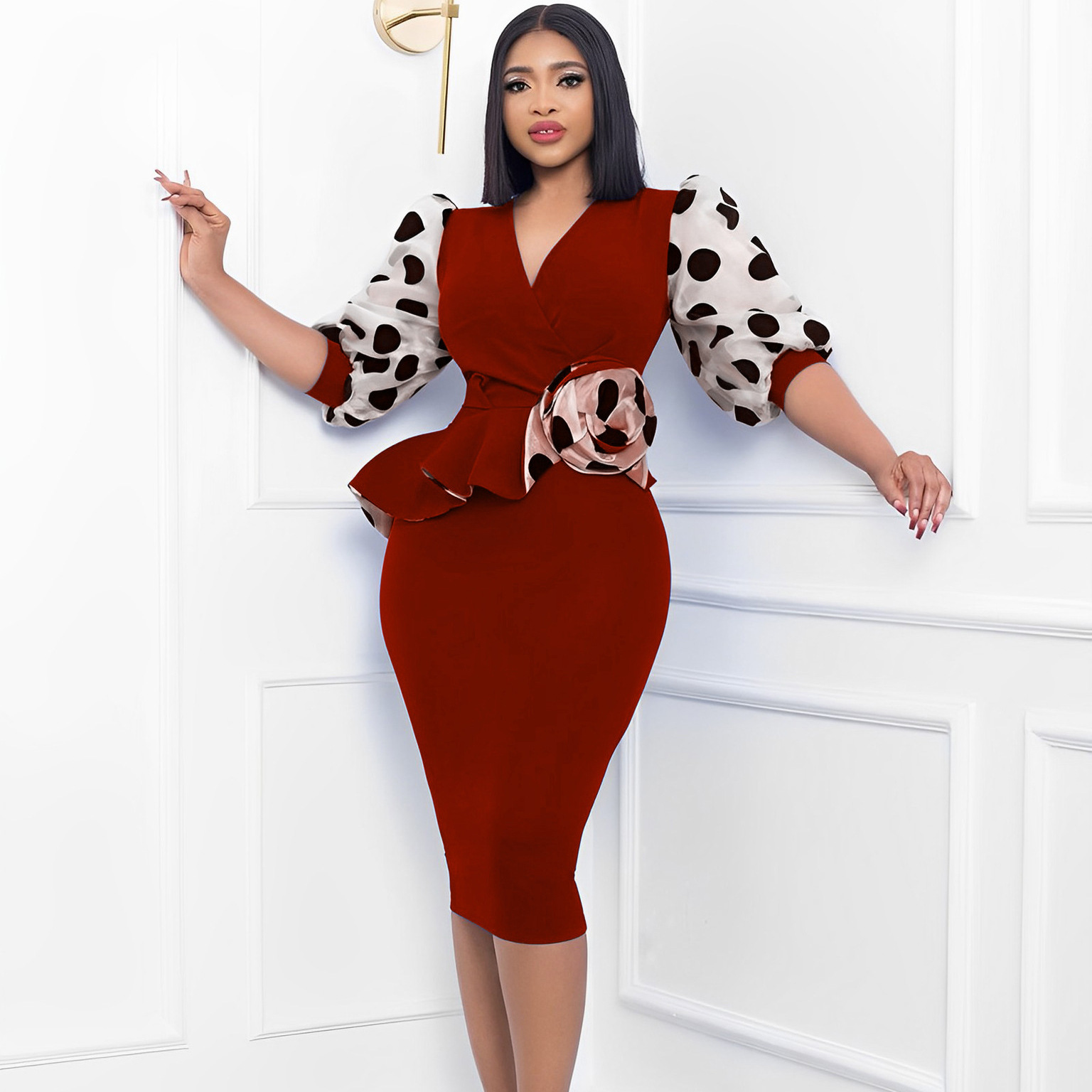 Fashion Polka Dots V Neck 3/4 Length Sleeve Patchwork Spandex Polyester Knee-Length Pencil Skirt