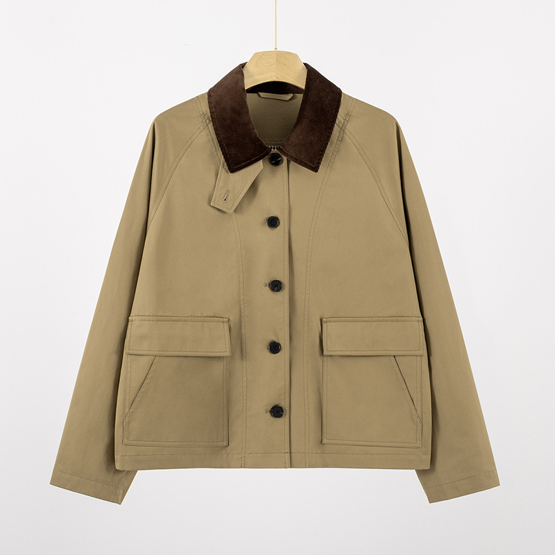 2025 Autumn and Winter Hejia Twill Cotton Corduroy Lapel Patchwork Loose Windbreaker Waterproof Windproof Jacket for Women