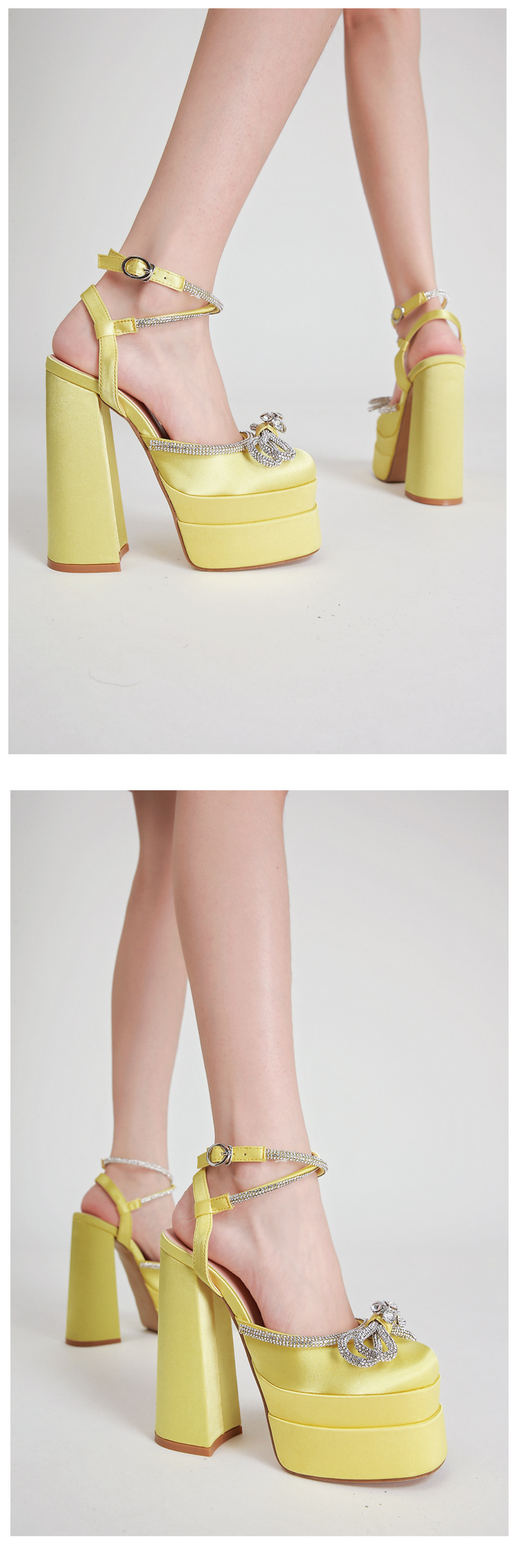 Giày sandal cao gót nữ đính đá dây đeo mắt cá chân, đế chống thấm nước, gót 9 cm — Màu đen chi tiết 9