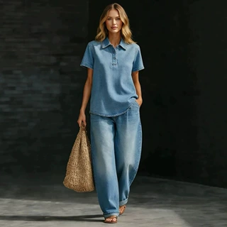 2026欧美跨境亚马逊夏季新款女士宽松休闲纯色纽扣翻领牛仔两件套