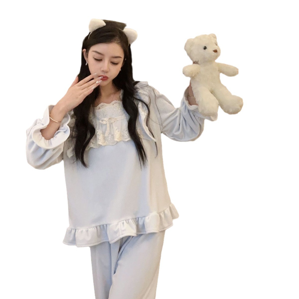 YASE [la mente de la niña] estilo princesa coreana forrado de lana gruesa pijamas de franela de invierno de las mujeres de manga larga homewear