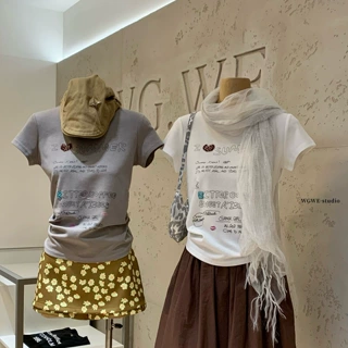 WGWE夏季韩系字母涂鸦印花百搭显瘦短款正肩圆领短袖T恤女装W9601