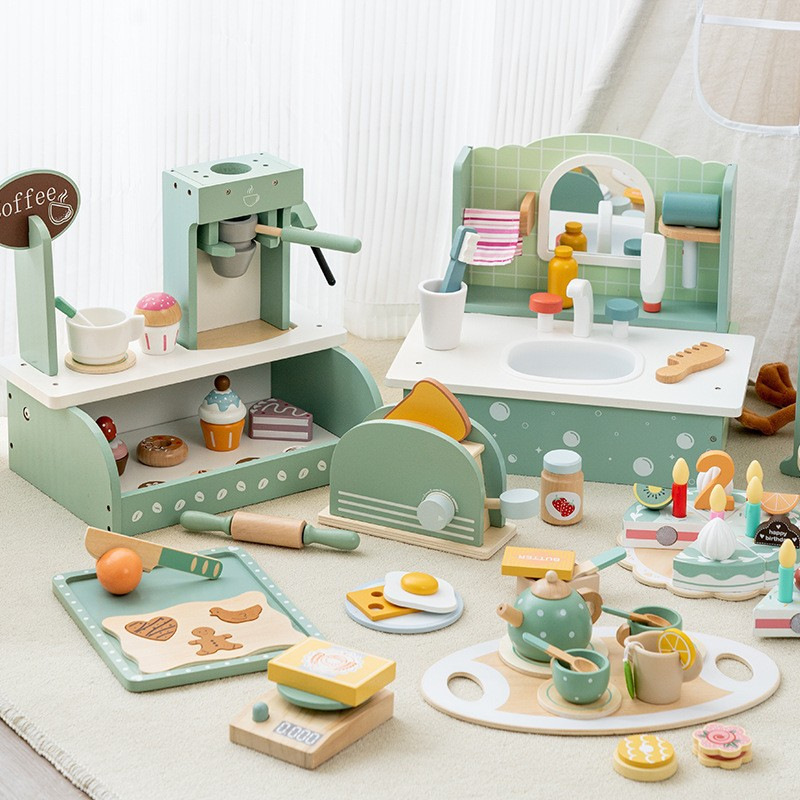Simulación de educación temprana niños jugar casa tarde té postre pastel venta tetera taza juego de té traje de Madera Juguetes