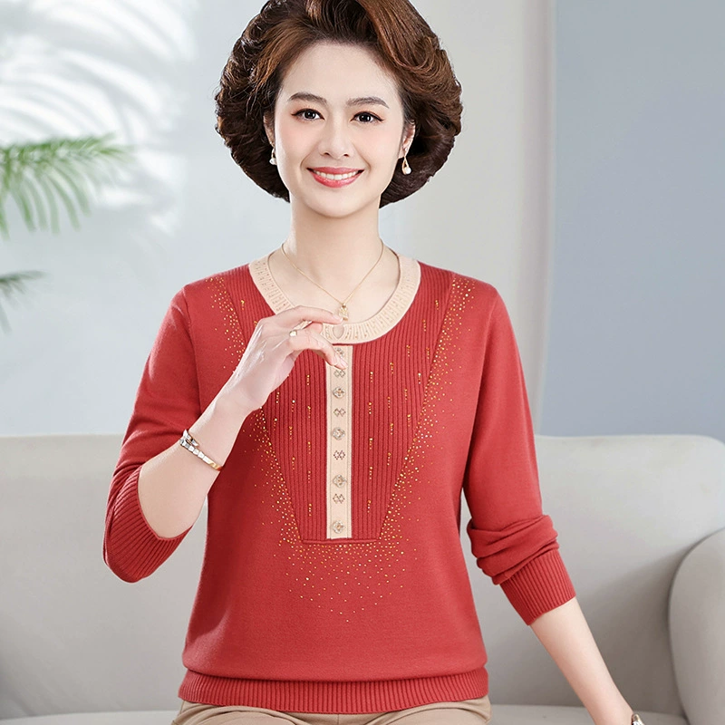 Новая одежда для мам, модный свитер в западном стиле с круглым вырезом, 2024 весенне-осенний женский свитер среднего и пожилого возраста, нижняя рубашка
