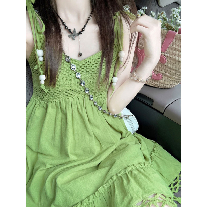森系清新绿色流苏吊带连衣裙夏季新款波西米亚风设计感度假裙子女|undefined