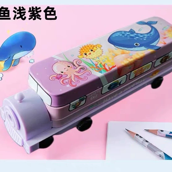 Train, pencil case for elementary school students, universal tin box, cartoon bus, internet celebrity